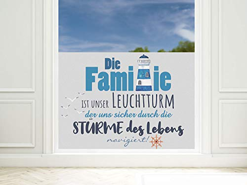GRAZDesign Fensterfolie Blickdicht Leuchtturm Familie Spruch [80x57cm] für Fenster Bad & Dusche maritim | Sichtschutzfolie Glastür, Badfenster, Flur, Farbe Silbergrau Milchglasfolie BxH
