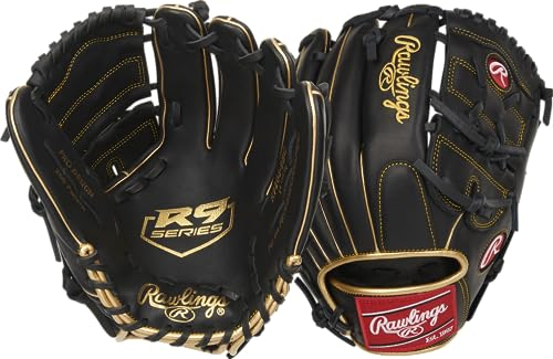 Rawlings Herren R9 Series Baseball Glove | Sizes 11.5-12.75 | Multiple Styles Handschuh, 2-teiliges solides Netz | Schwarz/Gold, 12 | Pitcher