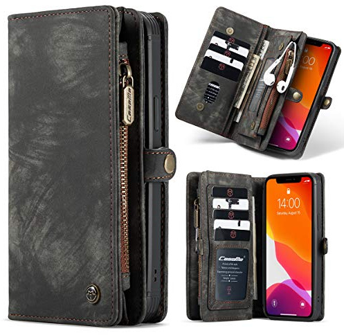 SWP Case for iPhone 12 Pro Max 5G, Wallet Case w/Magnetic Detachable Cover [11 Card Slots] Clutch Wallet w/Wristlets Money Pocket Compatible with iPhone 12 Pro Max 6.7 inch 2020 (Black-Dark Grey)