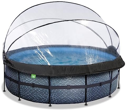 EXIT Toys Piscine Stone avec dôme Multifonctionnel - ø427x122cm - Grande Piscine avec Pompe à Filtre à Sable et échelle - Piscine Extra Profonde - pour Une Eau de Piscine Propre et Chaude - Gris