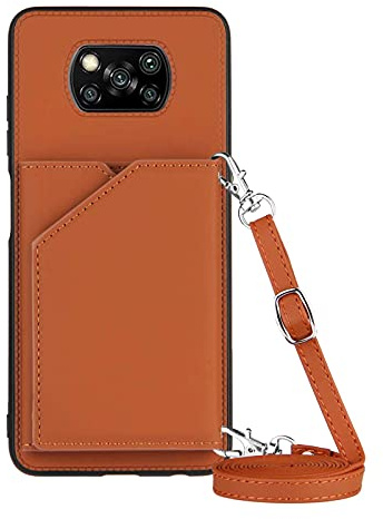 Paekear Handykette für Xiaomi Poco X3 NFC / X3 Pro, PU-Leder Hülle- Handyhülle mit Band zum Umhängen - Klapptasche Handytasche Case mit Handy-Kette, Kartenfach und Portmonee, Braun