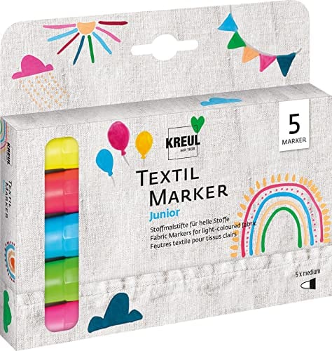 KREUL 90719 - Textil Marker Set Junior, medium, 5 Stück, Strichstärke 2 bis 4 mm, brillante Stoffmalstifte für helle Stoffe, Neonfarbton leuchtet unter Schwarzlicht