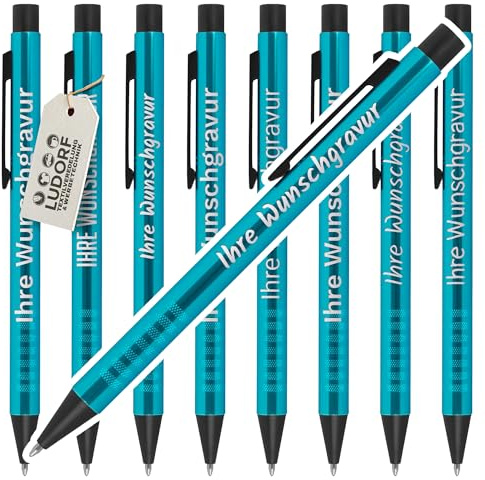 #teamludorf Kugelschreiber Türkis - 50 Stück - personalisierte Kugelschreiber mit Wunschgravur - ideales Werbemittel für Firmen, Messen & Kunden - edler Metall-Kuli mit Gravur & blauer Mine