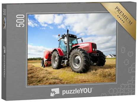 puzzleYOU: Puzzle 500 Teile „Großer Traktor sammelt Heuhaufen auf dem Feld an einem sonnigen Tag“ – aus der Puzzle-Kollektion Traktoren