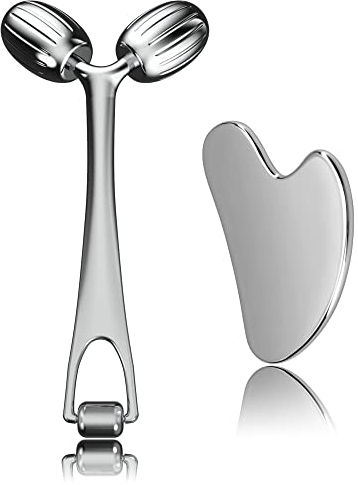 Yeamon Face Massager, Metal Face Roller Gua Sha Massage Tool for Face Neck Eye Body Skin Care, Facial Roller for Women