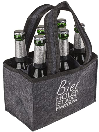 MIJOMA Stilvoller Filz Flaschenträger Biertasche für 6 Flaschen 0,33l/0,5l – Männerhandtasche, Perfekt für Vatertag & Grillpartys (Grau mit Stickerei 'Bier Holen ist auch Bewegung')