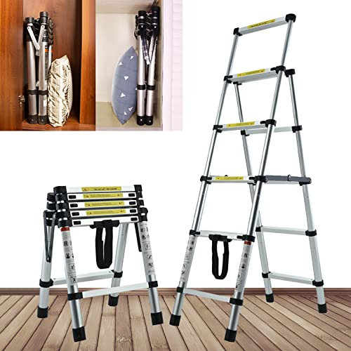 4+5 Aluminum Telescopic Folding Step Ladder 4.5FT Heavy Duty Telescoping Ladder 330lb Max Load Portable Multi-Purpose Meticulous Folding Ladder with Handrails Safety Lock Anti-slip Widened Pedal