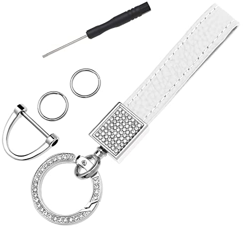 OTOTEC Auto Schlüsselanhänger Leder Universal Schlüsselanhänger mit Glitzer Strass mit Schraubendreher Auto Zubehör, Weiß