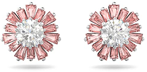 Swarovski Sunshine Ohrringe, Rosafarbene und Rhodinierte Ohrstecker mit Klaren Swarovski Kristallen