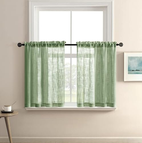 Tenda da finestra semi trasparente in lino verde salvia con filtro della luce, per accessori da cucina, stile boho, con tasca per bastone, corta, per camera da letto, bagno, lunghezza 91 cm