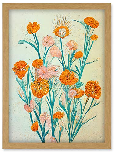 Boho Marigold Flowers Teal Orange Painting Artwork Framed Wall Art Print A4