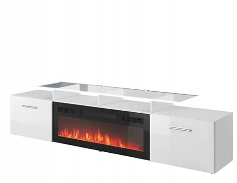 Meuble TV Blanc Brillant 190x49x37cm avec Cheminée chauffante intégrée ROXA à Poser