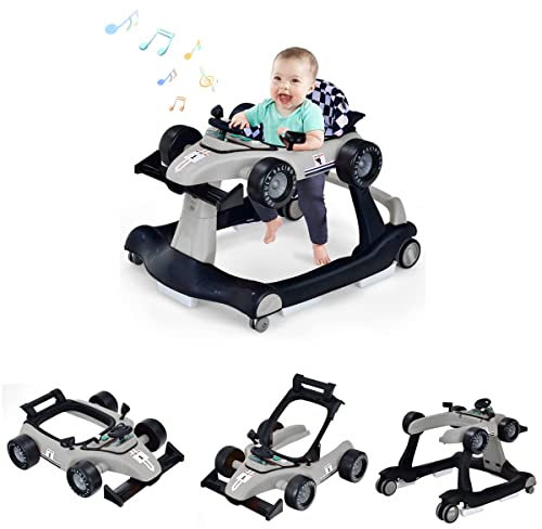 DREAMADE 4 en 1 Trotteur Bébé avec Hauteur&Vitesse Réglable Trotteur Marche Pliable Garçon Fille 6-18 Mois avec Roue Universelle Silencieuse&Musique&Lumière Charge 12 KG (Gris)