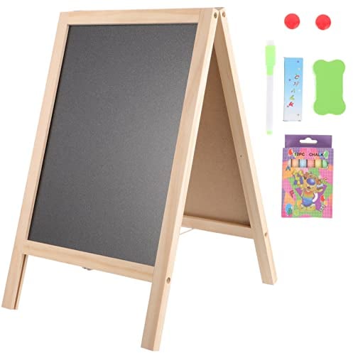 TOYANDONA Standing Art Easel for Kids, Double-Sided Wooden Blackboard, Toddler Drawing Chalkboard, Magnetic Whiteboard, Dry Erase Board, Water Marker and Accessories