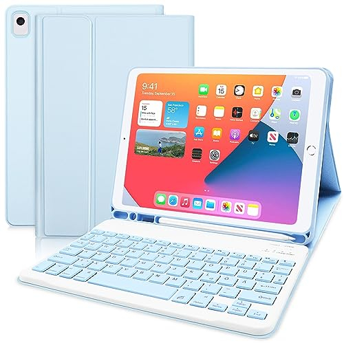 Zabatoco Hülle mit Tastatur für iPad 10.2 9. Generation 2021, 8. 2020, 7. 2019, Magnetische Bluetooth Tastatur mit Schutzhülle, Abnehmbares Wireless Smart Keyboard für iPad Air 3, iPad Pro, Blau