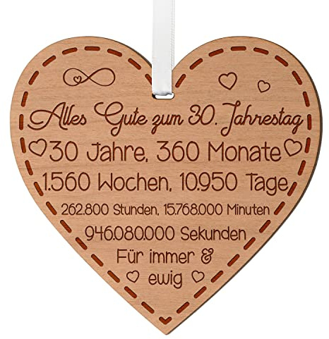 30. Hochzeitstag Geschenk für Paare, Jahrestag Geschenk für ihn und sie | Perlenhochzeit Geschenk, graviertes Holzherz, 10 cm, 4 mm Kirschholz, weißes Satinband, Wanddeko, für Partner oder Verlobte