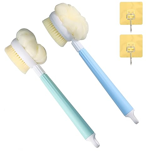 RAFIYU Cepillo de espalda para ducha,2 cepillos de ducha ajustables con 2 ganchos,cepillo corporal 2 en 1 con esponja de ducha,cepillo de baño con mango largo,masaje de ducha para exfoliar la piel