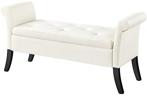 Yaheetech Banc de Rangement Bout de Lit Siège Coffre avec Accoudoirs et Compartiment Repose-Pieds pour Salon Chambre Entrée Tissu Pouvant Supporter 300 kg Blanc Frais