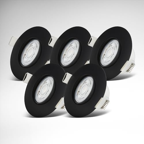 B.K.Licht - 5er Set LED Einbaustrahler 230V, schwenkbarer LED Strahler für das Badezimmer IP65, Deckenstrahler stufenlos dimmbar, Spots, Deckenspots, Badezimmerlampe, Schwarz, 90x42 mm (DxH)