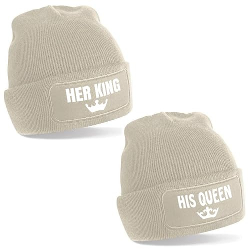 2er Set Beanie Strickmütze mit Spruch | Her King & his Queen | Farbwahl | Unisex SoftTouch angenehm weiche und warme Wintermütze | OneSize Einheitsgröße für Erwachsene