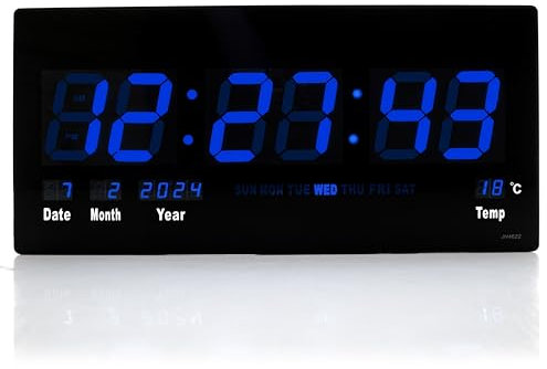 TruWare Just Camp Wanduhr Digital Groß LED Uhr mit Kalender Temperaturanzeige Studiouhr für Gewerbe Cafes Kiosk Hallen Digitaluhr XXL (Blau)