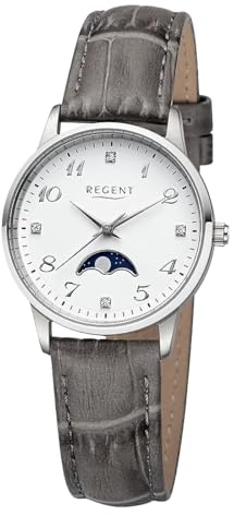 REGENT Damen Armbanduhr Analog Lederarmband grau UR2112550 Analoguhr