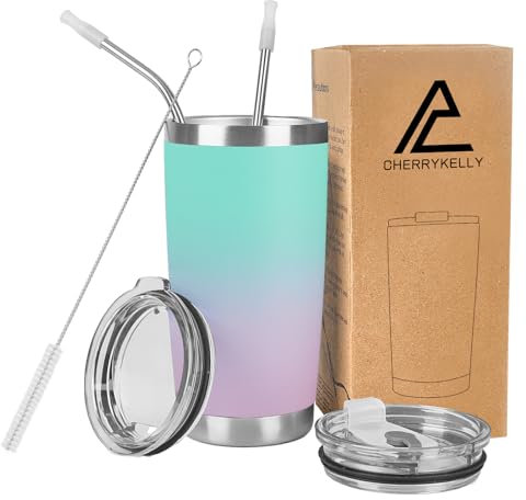 CherryKelly 20oz (550ml) Insulated Travel Tumbler Mug Stainless Steel Vacuum Coffee Cup with 2 Leak-Proof Lids & Straws, BPA-Free, Hot & Cold, Commute, Gym, Office - CyanBlue&Violet