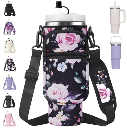AceTreker 30/40 oz Stanley Cup Sling Bag with Strap & Phone Pocket, Neoprene Vacuum Insulated Travel Tumbler Holder with Straw Cover for Simple Modern with Handle-Black Flower