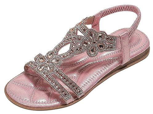 AQ899 Hässliche Schuhe Damen Damen Slingback-Sandalen mit Strass-Dekor, glamouröse Sandalen, elastische Knöchelriemen, lässige, böhmische Strandschuhe (Pink, 39)
