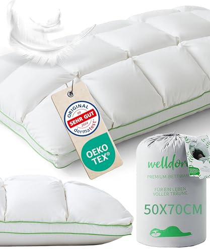 Welldora Premium Kopfkissen 50x70 | 100% Daunenfasern & Federn | Innovatives Puffwolken-Design für höchsten Komfort & Ergonomie | Mittelfestes Kissen fachärztl. geprüft, Oeko-Tex zert. in der Schweiz