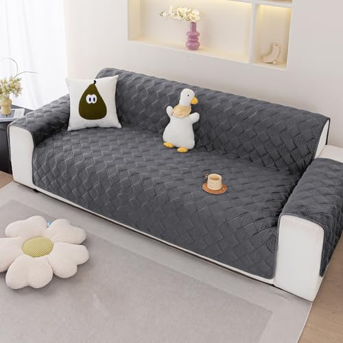 Royhom Flanell Sofa Überzug Waschbar Sofabezug 3 Sitzer, Sofaschoner rutschfest für Leder-Couch und Stoffsofas, Weicher Couch Überzug Mit Verstellbarem Elastischer Riemen (Rhombusform, Grau)
