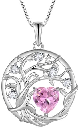 FJ Tree of Life Necklaces for Women 925 Sterling Silver Family Tree Pendant Pink Tourmaline Necklace October Birthstone Jewellery Birthday Gifts for Her