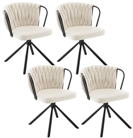WOLTU Chaise de Salle à Manger Pivotante Lot de 4, Fauteuil Rembourré avec Dossier Tressé et Pieds en Métal, Chaise Scandinave, en Velours,Crème,EZS72cm-4