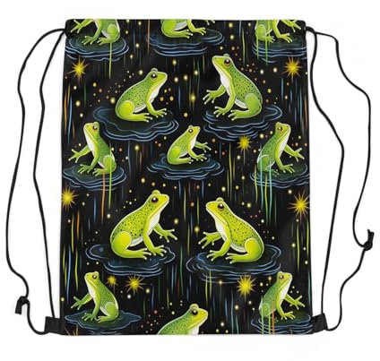 Loussiesd Grüner Frosch Turnbeutel 33x40cm Cartoon Frosch Gym Rucksack mit Kordelzug Tropische Frösche, Regen Nacht Glitter Sterne Sportbeutel Sporttasche