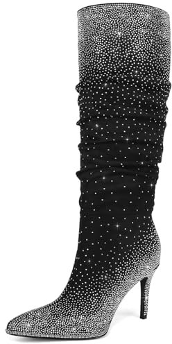 RONILURN Stivali alti al ginocchio da donna con strass scintillanti e morbidi stivali alti a punta tacco alto tacco largo con glitter a spillo per le donne, nero, 37.5 EU