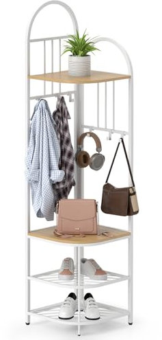 COSTWAY Corner Coat Rack Stand, 4-Tier Freestanding Hall Tree with Shoe Bench, Storage Shelves & 6 Hooks, Metal Frame Garment Rack Clothes Hanger Organiser for Hallway Bedroom (Natural + White)