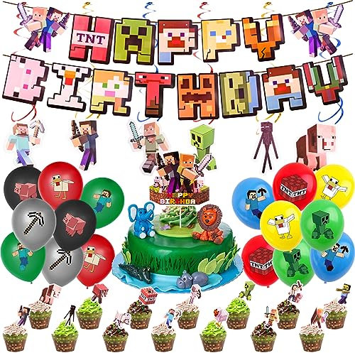 55 Pièces Décoration Anniversaire Gamer, Kit de Décoration de Fête d'Anniversaire, avec Bannières d'Anniversaire, Décorations de Cupcakes, Ballons, Décorations à Spirale Suspendues