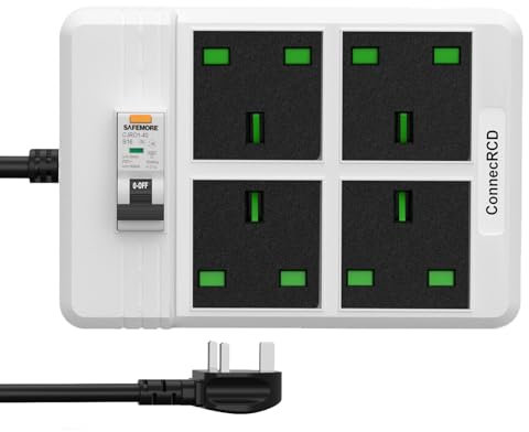 RCD Extension Lead with 4 Gang Outlets(13A/3250W), ConnecRCD Heavy Duty Extension Lead with 30mA Leakage Protection, 3M Extension Cords for Home/Factory Production Workshop/Garage/Indoor - White
