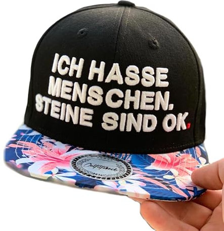 Outfitfabrik Snapback Cap „Ich Hasse Menschen, Steine sind ok“ in weiß, Schirm mit Motiv Lilie, 3D-Stick in weiß, Unisex, verstellbar an der Rückseite