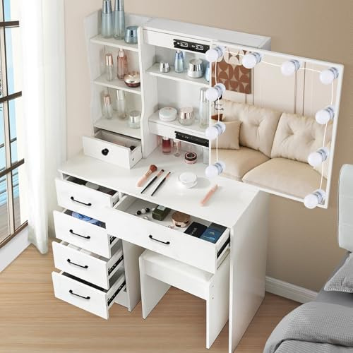 Dradaomull Schminktisch mit Verstellbaren LED-Beleuchtung, Schminktisch mit Spiegel, Vanity Table für Modern Schlafzimmer Weiß - 131x80x36cm (56)