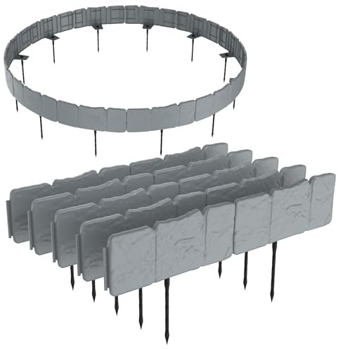 HENGMEI 2.5m Rasenkante Kunstoff Beeteinfassung mit Bodenspikes Beetumrandungen Steinoptik Mähkante Palisade für Blumen Gartenzaun 10 Stücke 25x10cm (L x H), Grau