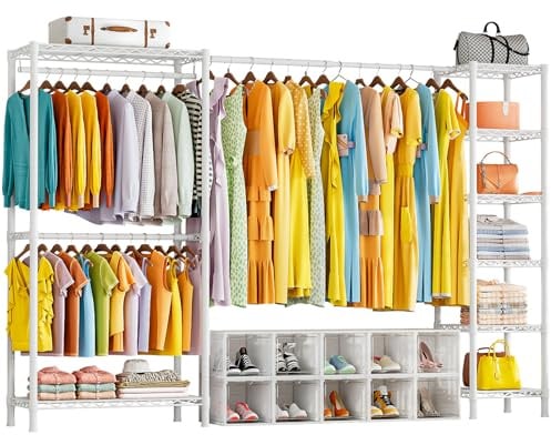 Solerconm Portant à Vêtements Extensible, Penderie Solide avec Tringle à Vêtements et Étagères Ajustables, Porte-Vêtements Autoportant pour Chambre, Rack de Rangement en Métal pour Vêtements Blanc