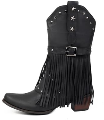 TangDao Donna Stivali da Cowboy con Frange Stivali Cowgirl Western a Metà Polpaccio Vintage Stivaletti da Lavoro, 42 Nero