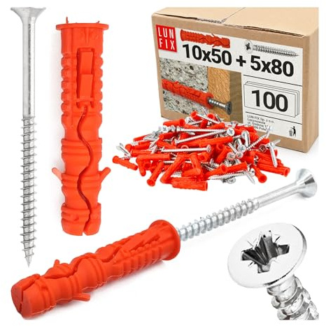LUN FIX Dübel Set 10x50 mm mit Schrauben 5x80 mm 100 Stk Schrauben | Universaldübel, Schlagdübel, Hohlraumdübel, Dübel Schrauben Set für Beton, Ziegel, Gipskarton, Trockenbau