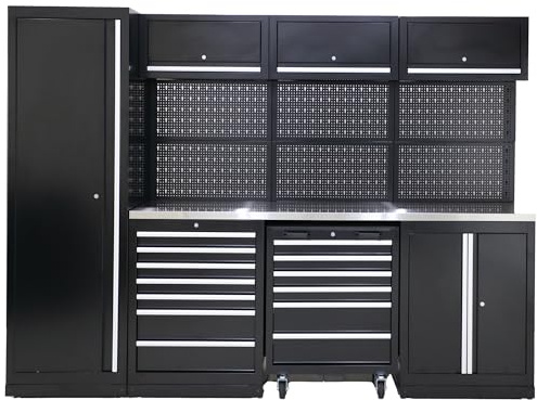 Ondis24 XL Werkstatt Komplett Set 264 cm vormontierte Männerküche Werkstattrichtung modular mit Edelstahlarbeitsplatte, Werkzeugschränke, Werkbank mit Schubladen