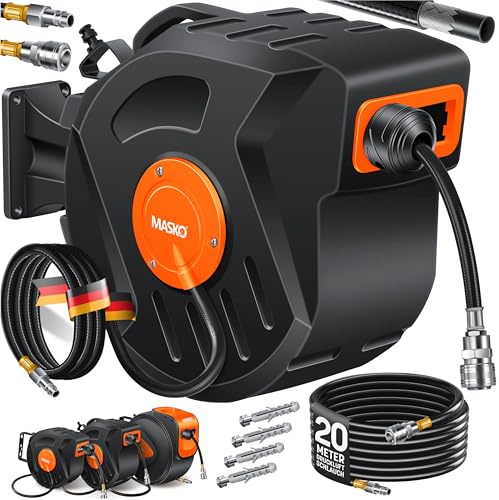 MASKO® Automatik Druckluftschlauch Aufroller 20m – Schlauchtrommel mit 1/4 Anschluss, Schlauchaufroller, Wandhalterung, Tragegriff, 180° schwenkbar, Schlauchbremse, vormontiert & sofort einsatzbereit