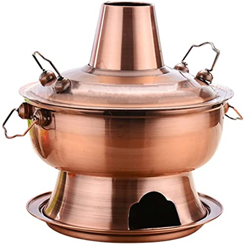 GZKDKZB Vintage Hot Pot Shabu-Hotpot-Pfanne mit Kamin zum Verbrennen von Holzkohle, chinesischer Suppentopf aus Edelstahl, Kochgeschirr für Familienküchenpartys (28 cm), Rotkupfer
