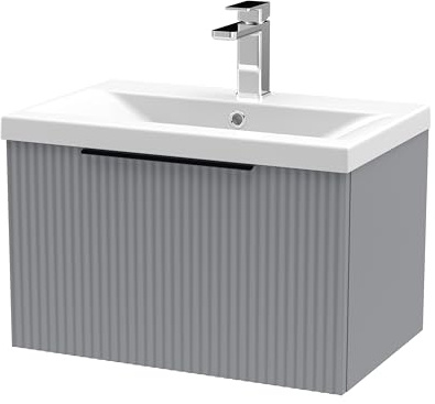 Balterley Vanity Unit with Basin Wall Hung, Single Drawer Soft Close with Mid Edge Sink and Handle, Bathroom Vanity Units with Basin, Fluted Front Sink Cabinet - 610 x 390 x 399mm (Grey)