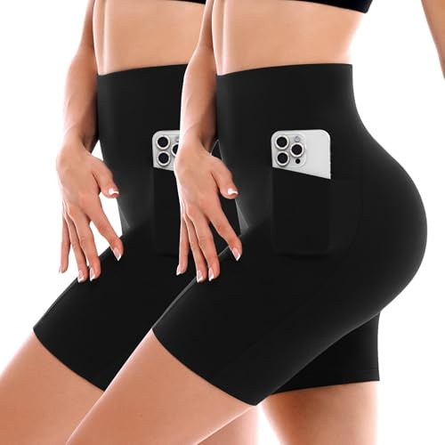 SINOPHANT Lot de 2 shorts de cyclisme pour femme avec poches taille haute pour motard, yoga, course à pied, gym, entraînement, doux et athlétique, noir/noir, L-XL