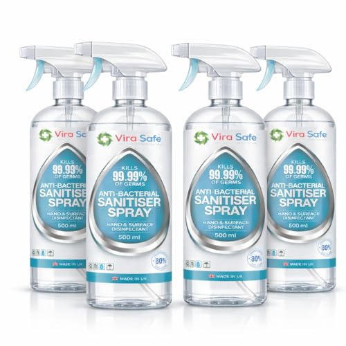 4 x 500ml Sanitiser Spray - Antibacterial Alcohol Hard Surface Disinfectant Sanitiser - 80% Pharma Grade - Viral Eliminating Rubbing Formula,Effective Against 99.9% of Viruses and Bacteria (Pack of 4)